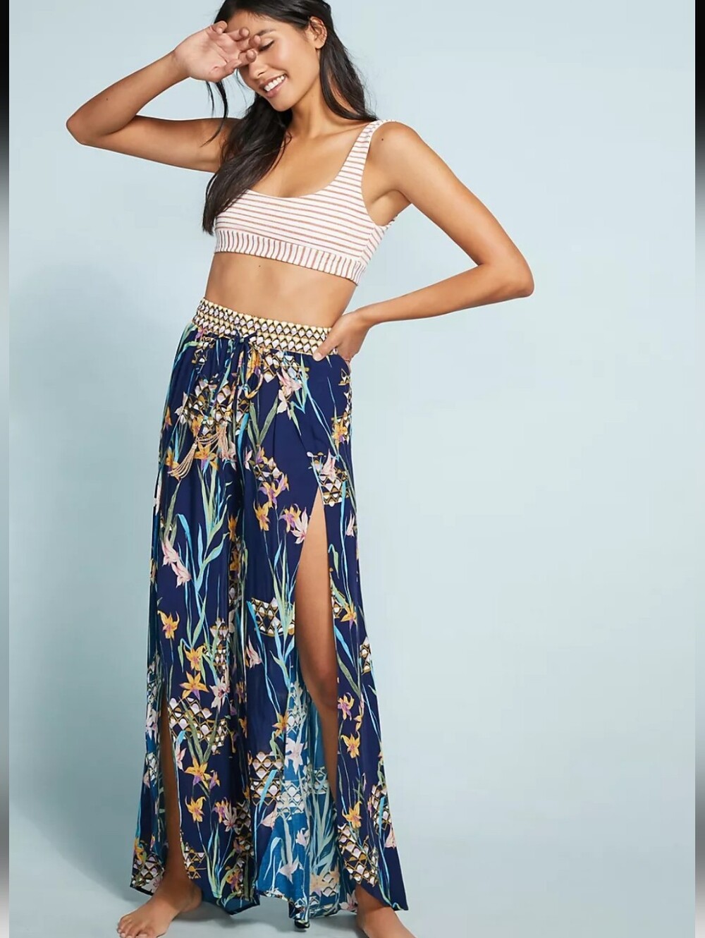 Trina Turk Fiji Floral Split-Leg Beach Pants Navy Front To Side Slit Pull On M